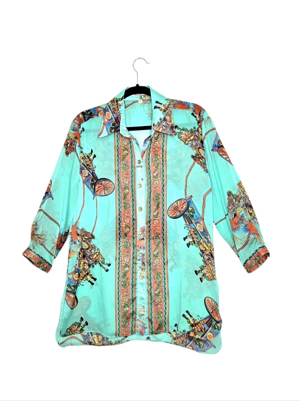 Vipavadee front button Blouse/top. Aqua/orange. Size Large